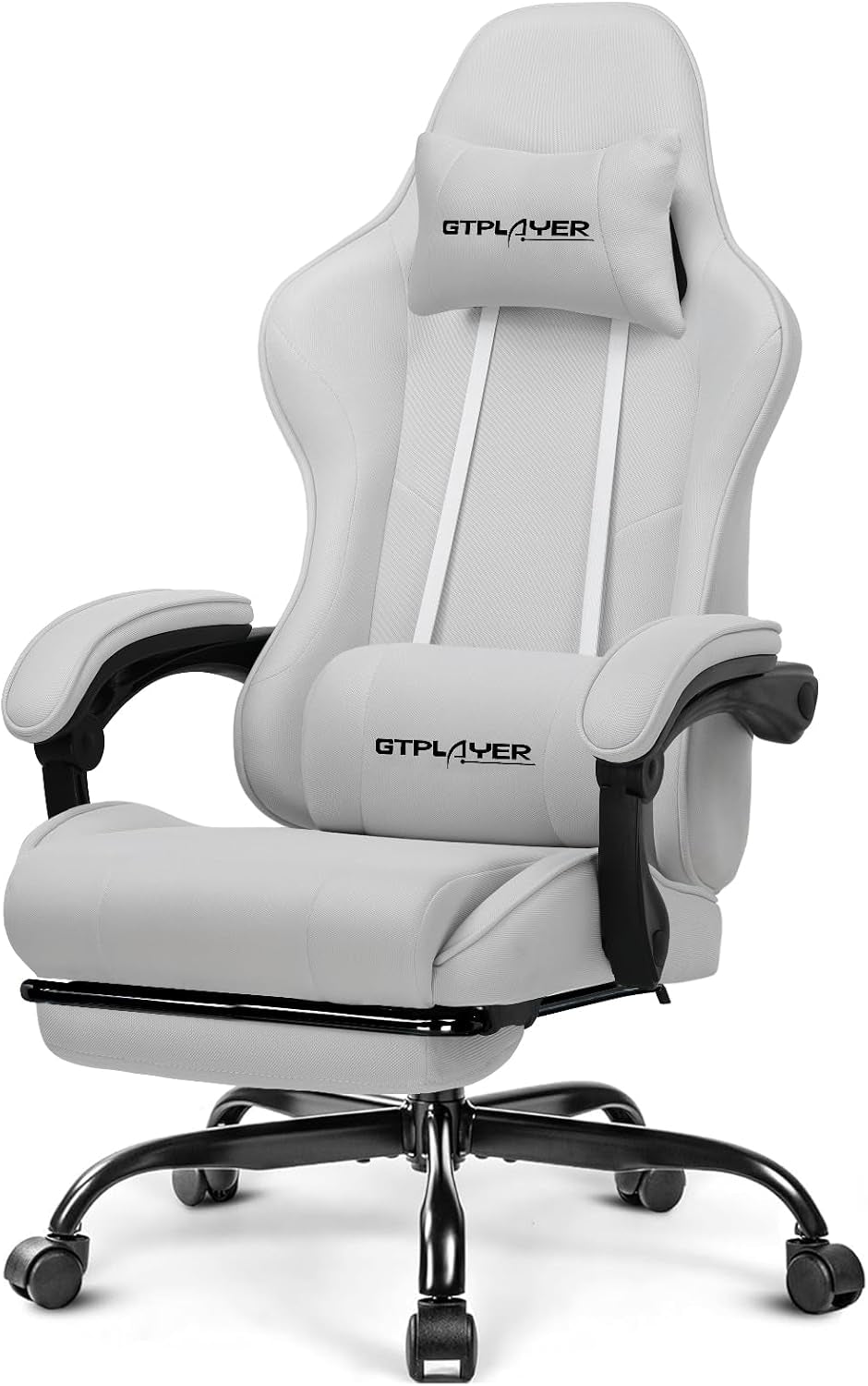 All-white high-back gaming chair with matching head and lumbar pillows and extended footrest platform.