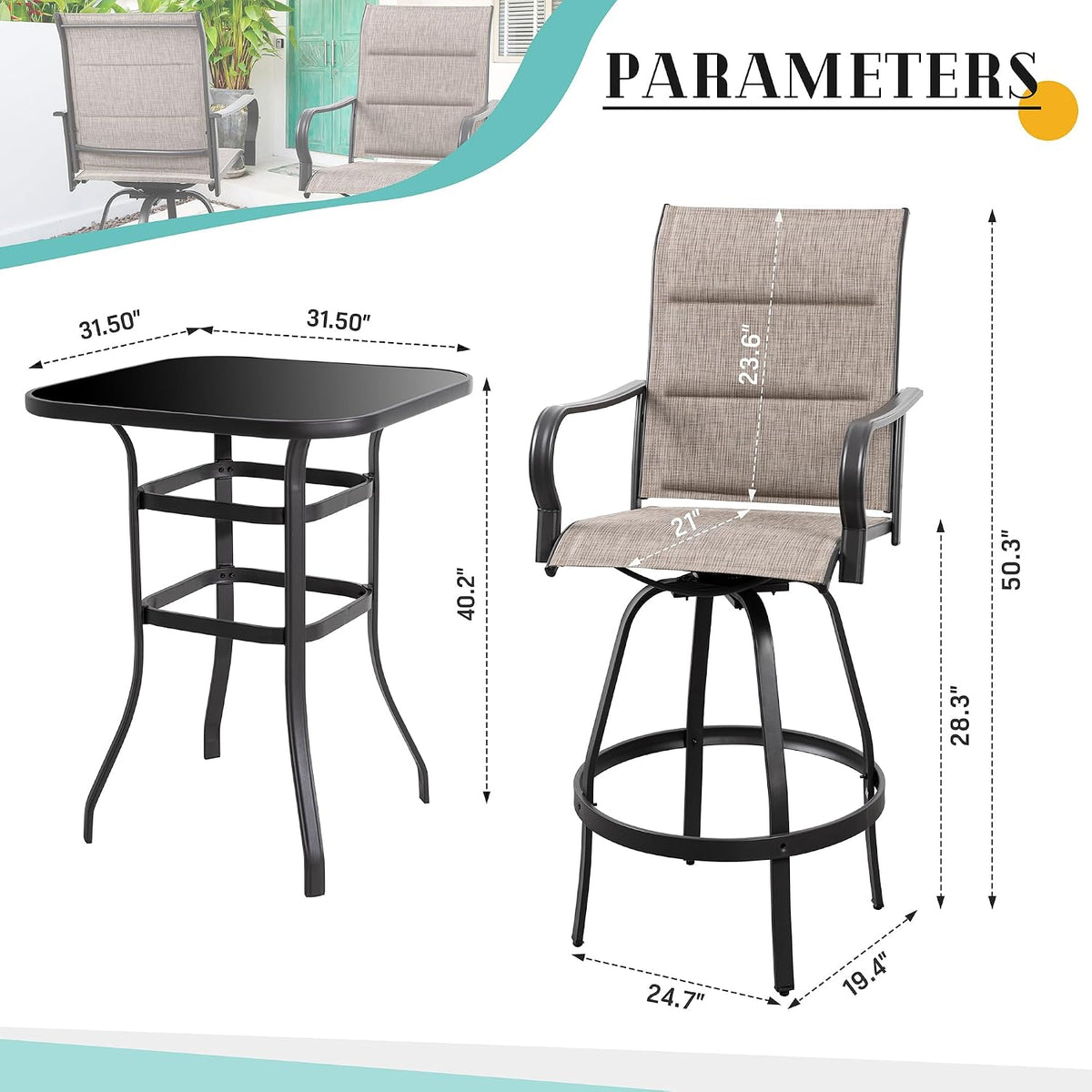 Graphic diagram of tempered glass table and swivel bar chair with measurement callouts for heights and widths