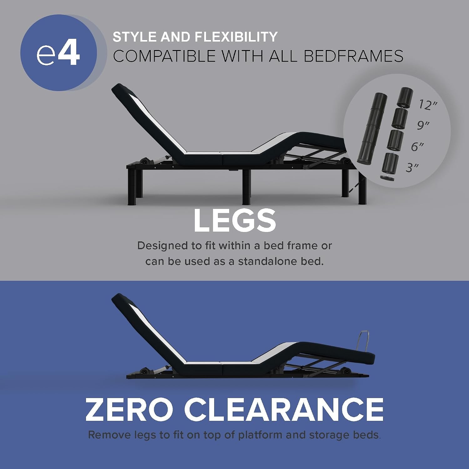 Side profile of the adjustable base illustrating leg options and a zero-clearance mode with inset showing stacked leg pieces.