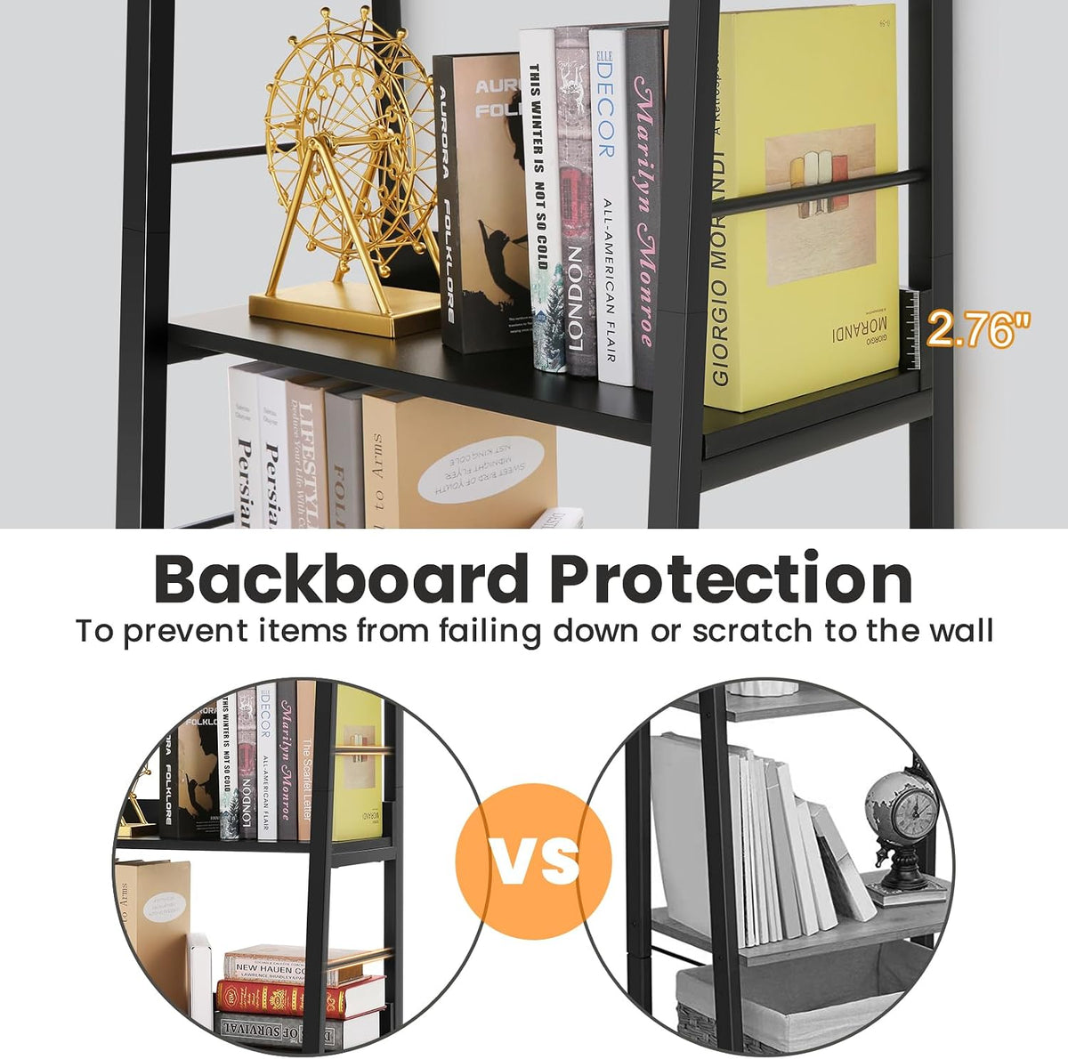 Detailed view of lower ladder shelf tiers with books and small decor items on black particleboard shelves