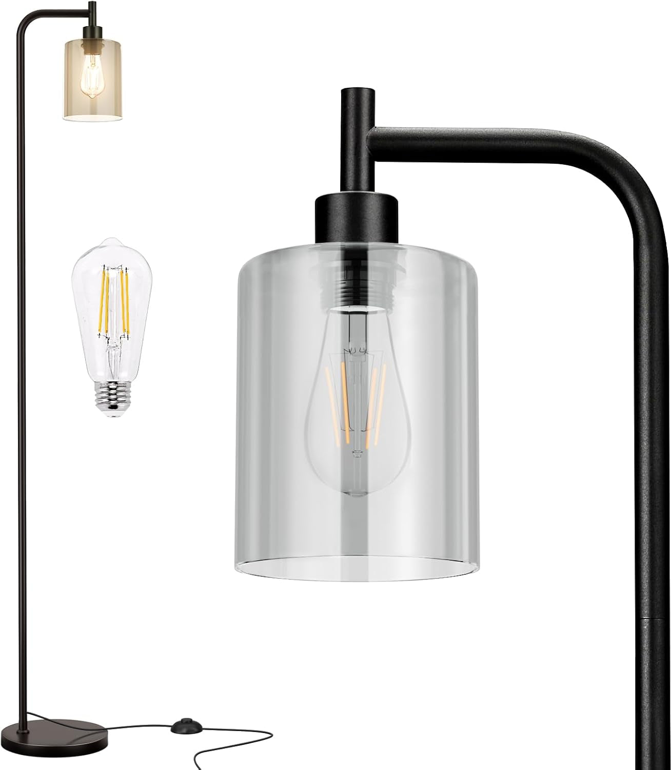 Black floor lamp with clear cylindrical glass shade showing a filament bulb, foot pedal and cord visible