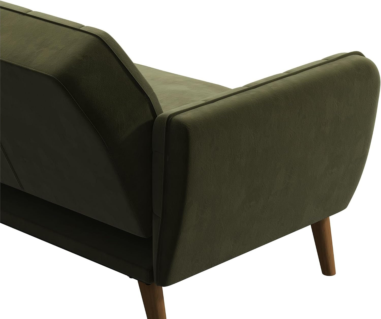 Rear-angled detail of the futon arm and back in green velvet, highlighting the profile and leg