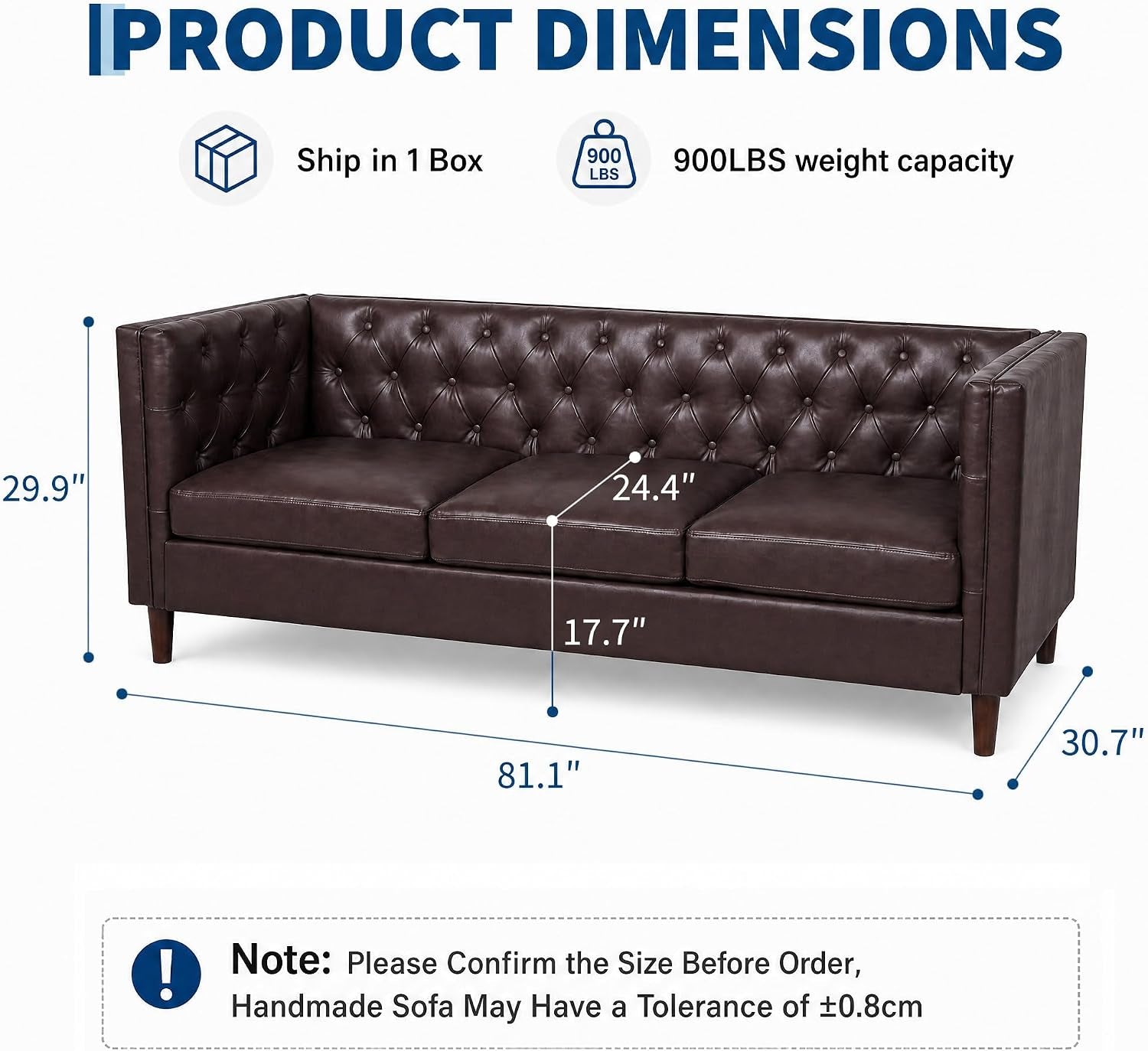 Studio shot of tufted PU leather sofa with dimensional measurements and proportions indicated