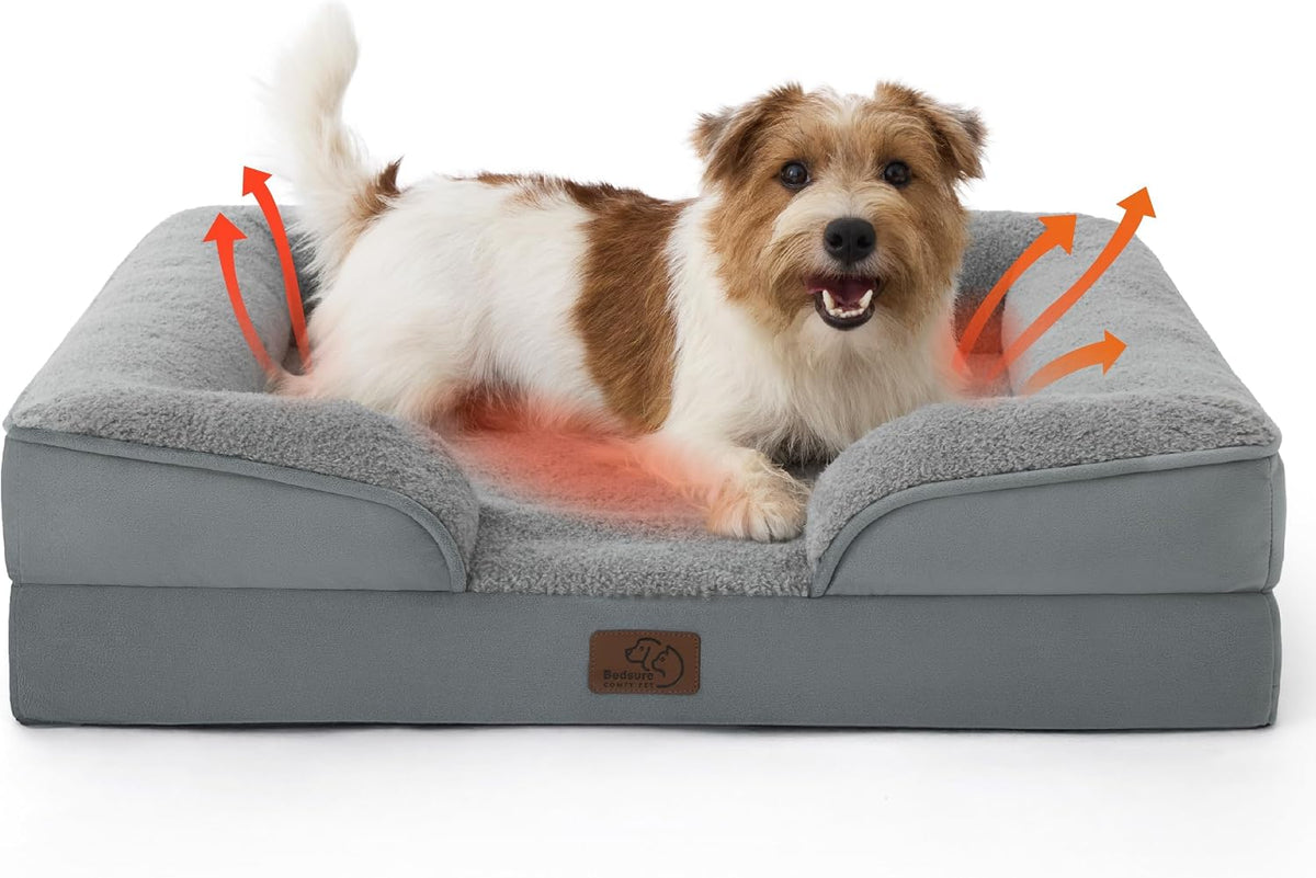 Brown-and-white dog sitting in a light gray dog bed with orange arrows indicating warmth