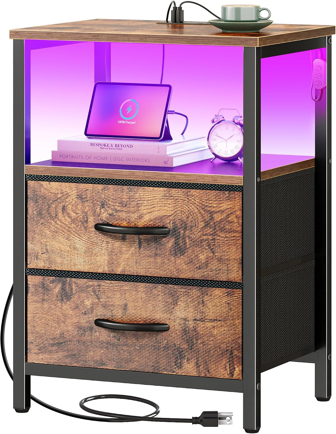Front view of the nightstand with wood-look drawer fronts, a purple LED-lit open shelf and the power cord coiled at the base.