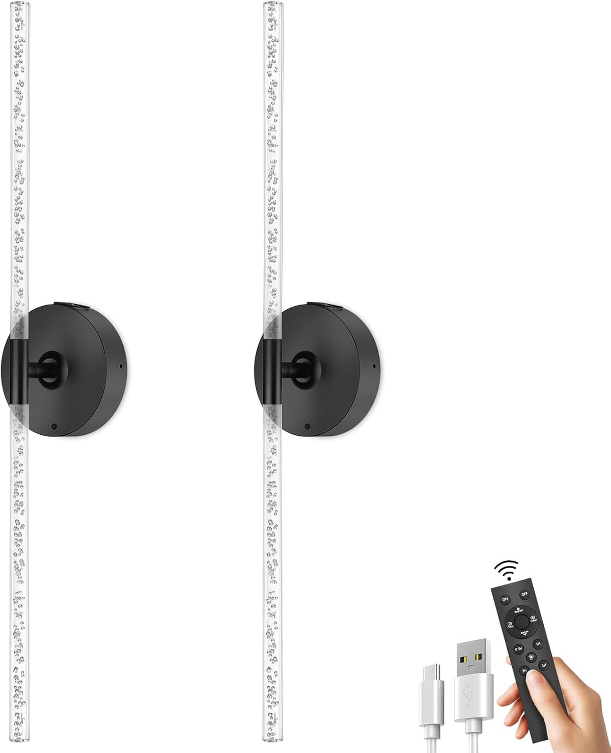 Pair of black wall sconce bases with clear bubble light rods, USB cable and handheld remote at lower right.