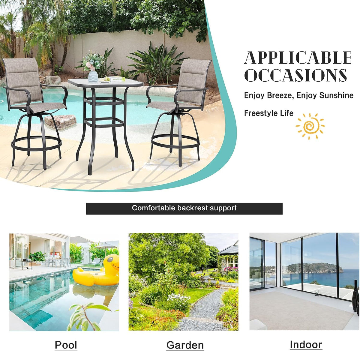 Two taupe swivel bar chairs with tempered glass-top table beside a backyard pool in a lifestyle outdoor setting