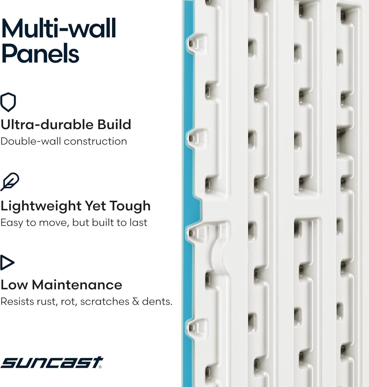 Close-up cross-section of multi-wall poly resin panels showing double-wall construction and texture