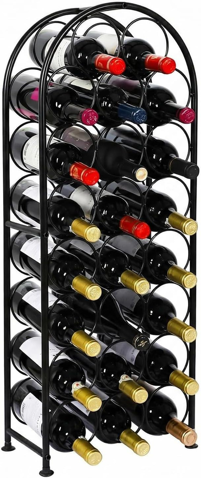 Tall vertical black metal wine rack, front-right angle, stacked circular openings filled with numerous bottles.