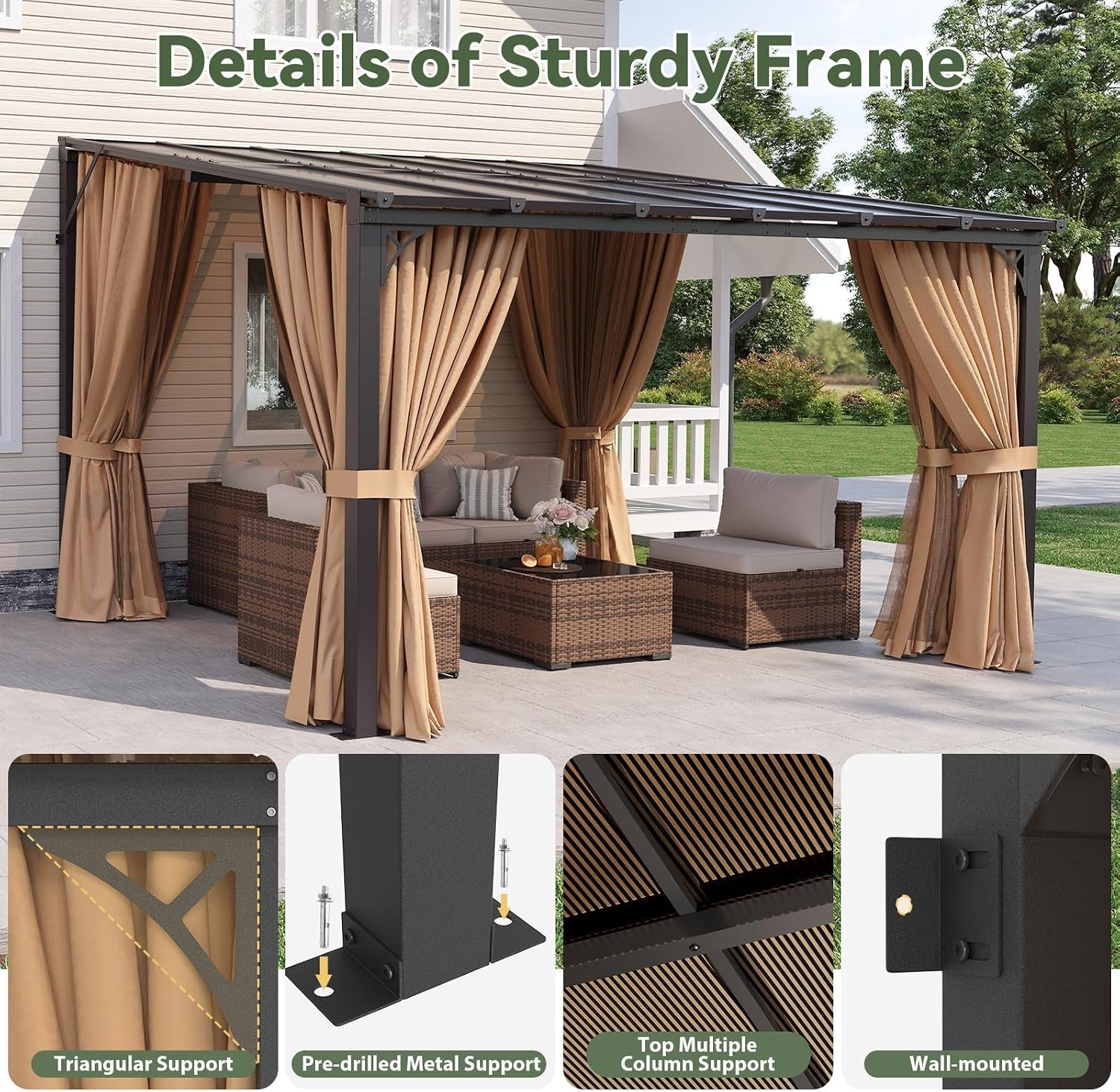 Top view of pergola plus four inset detail panels showing triangular brace, base plate and roof support close-ups