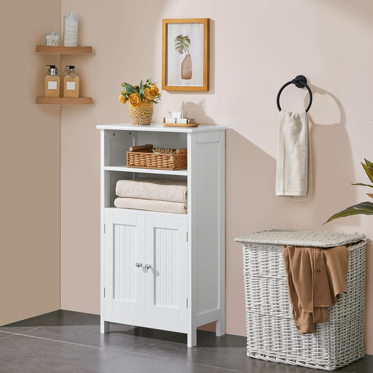 Yaheetech Bathroom Storage Cabinet with Shelves and Beadboard Doors, White | Freestanding Floor Cabinet for, gallery view 7