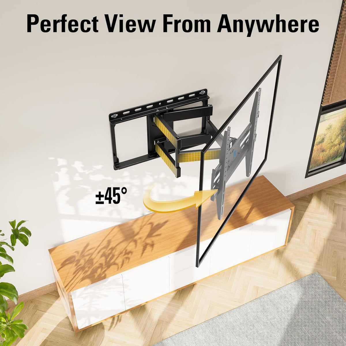 Overhead angled view of the articulating mount and TV rotated outward, showing the mount's articulated arms and swivel