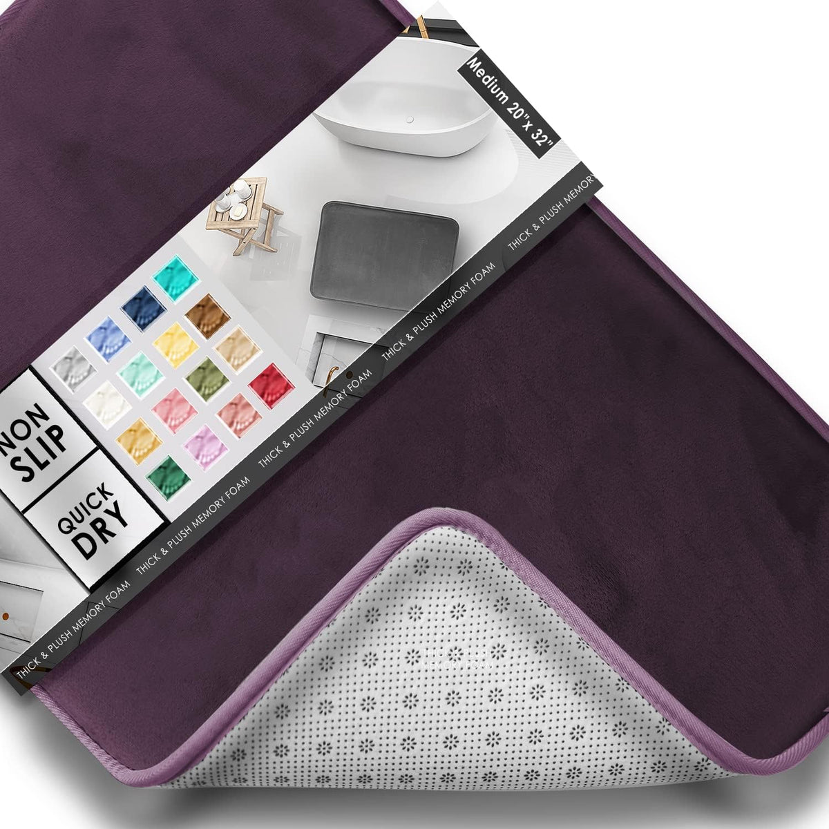 Angled close-up of a deep plum mat with a flipped corner showing the dotted underside and a multi-color swatch panel.