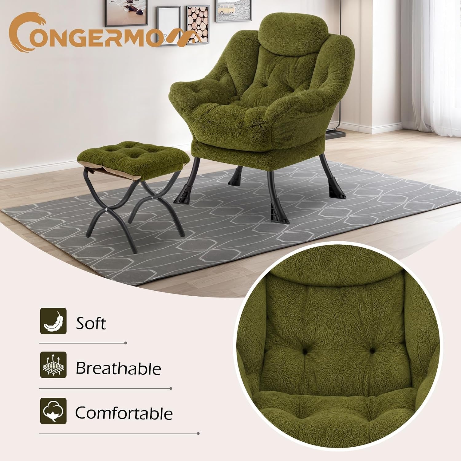 Armchair and ottoman on a rug in a living room, with a circular inset showing a close-up of the plush olive-green fabric.