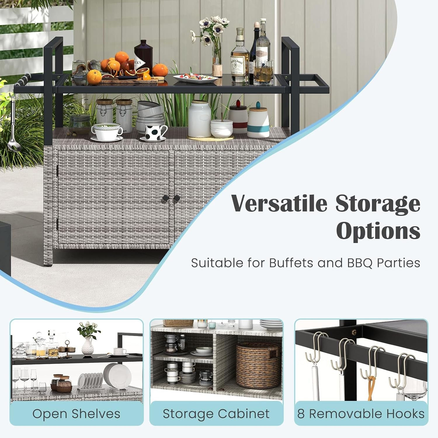 Gradient gray bar cart staged outdoors highlighting open shelves, storage cabinet and removable hooks
