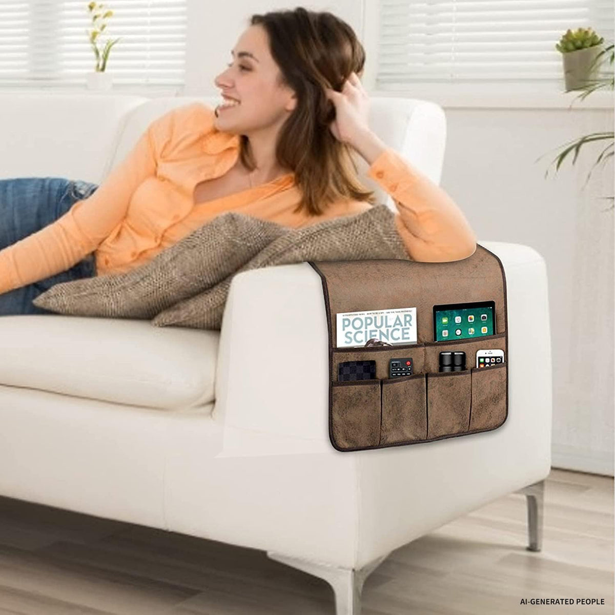 Organizer draped over a white sofa armrest holding a magazine, tablet and remotes