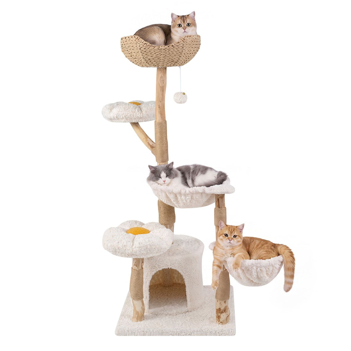 Multi-level cat tree with three cats on platforms and in the condo