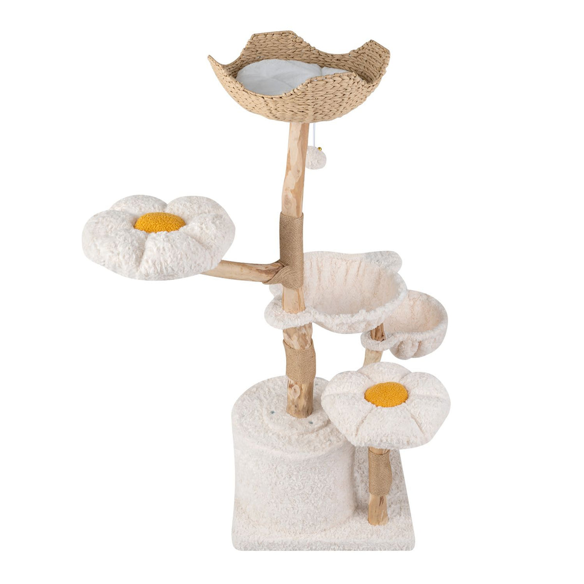 Angled view of a cream cat tree with woven top perch and flower platforms
