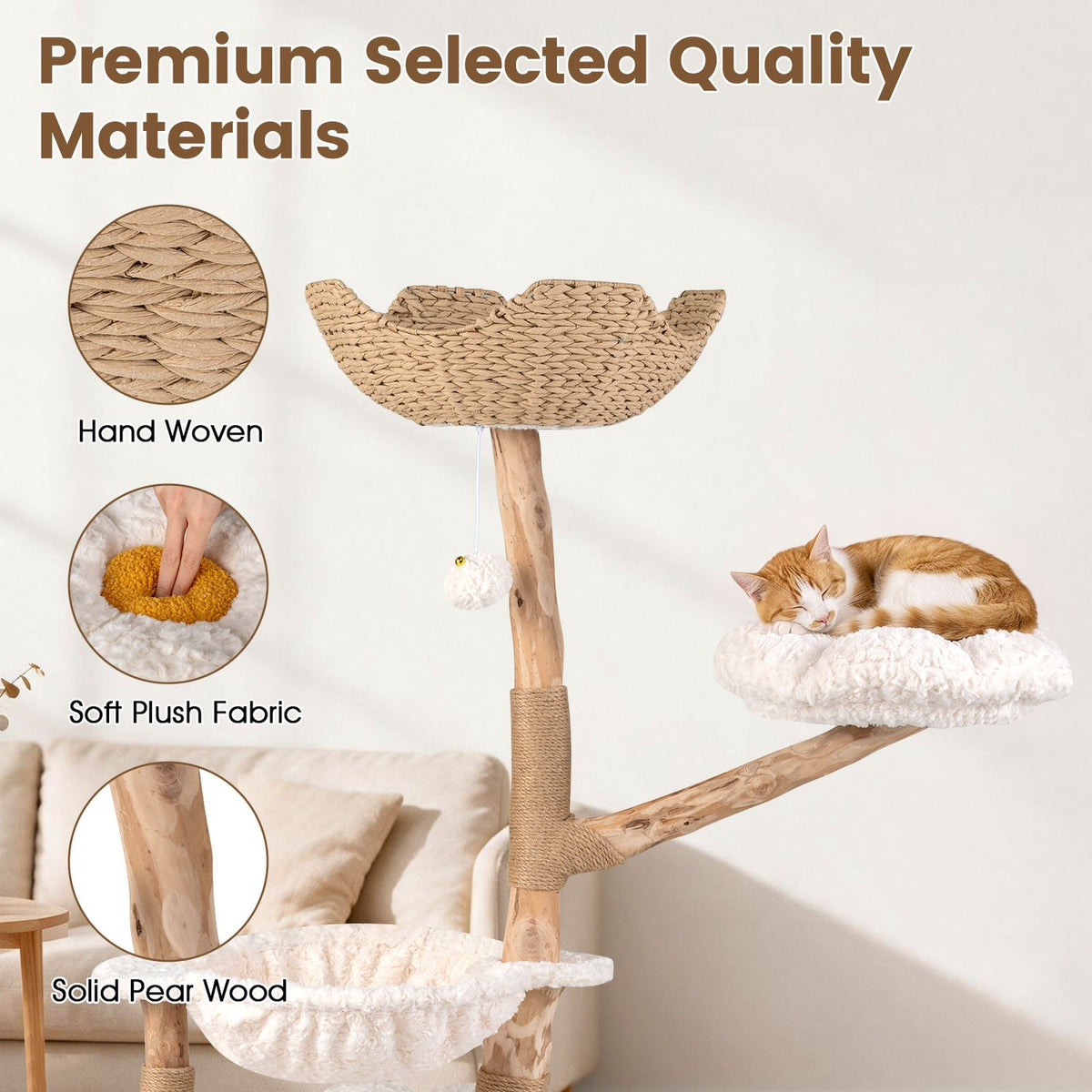 Cat tree material detail graphic with woven perch, plush fabric and wood