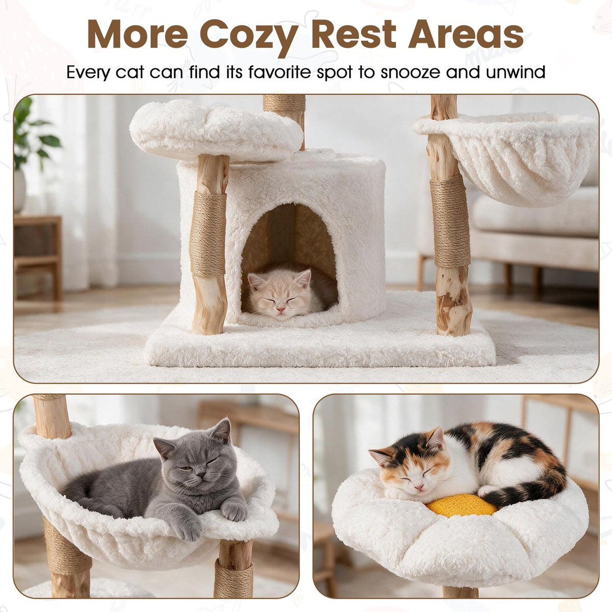 Three cats lounge in the tree’s plush hideaway, hammock, and flower-shaped platform.