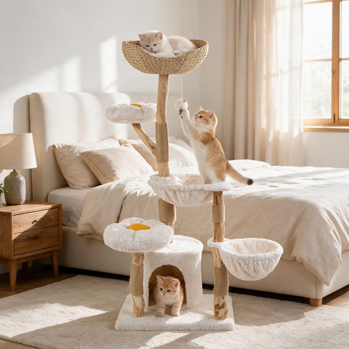 Cream multi-level cat tree with cats resting and playing beside a bed