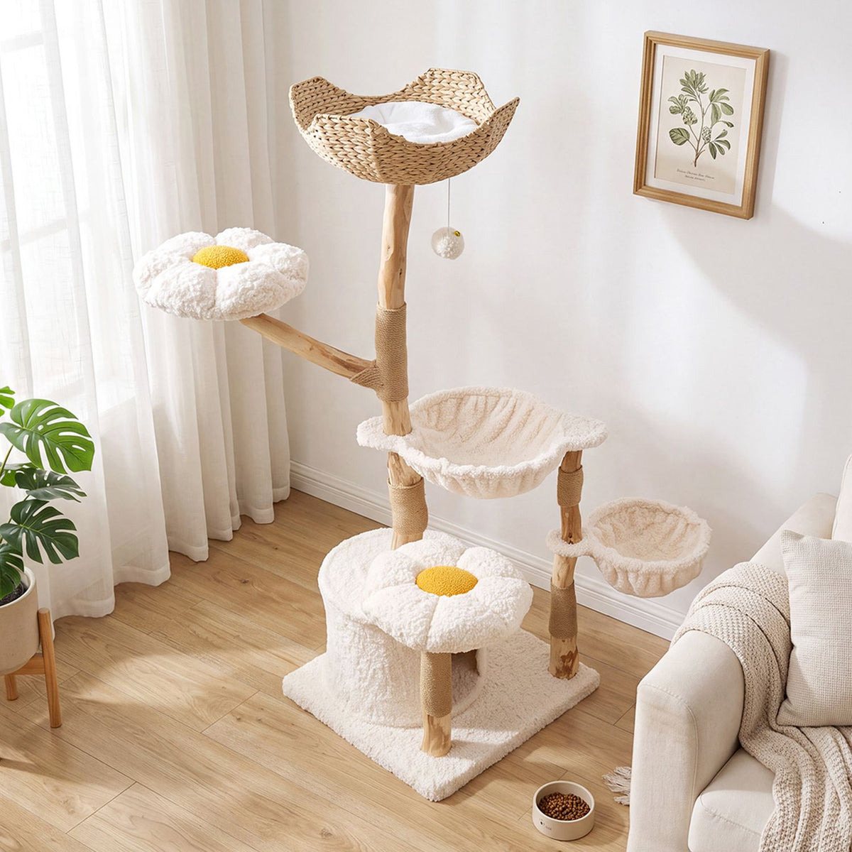 Cream and natural-toned cat tree with flower platforms in a bright room