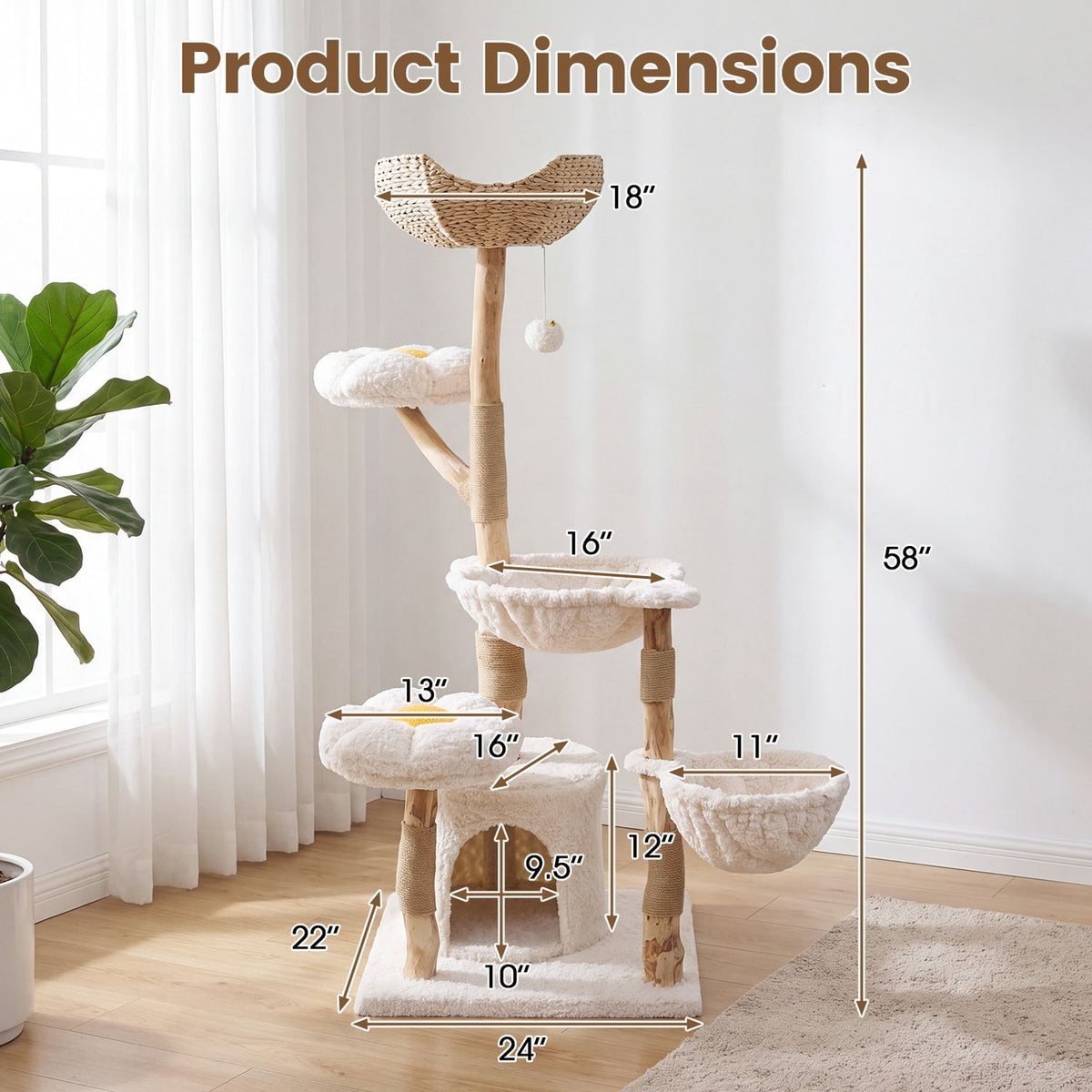 Cat tree dimension diagram with labeled platforms, hammocks and condo