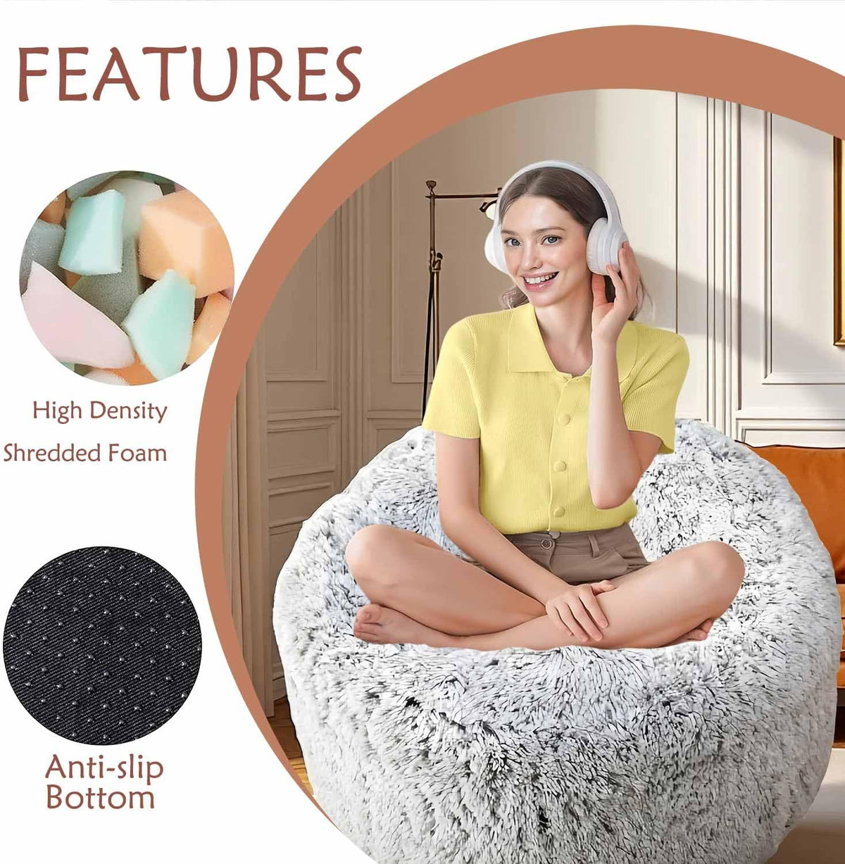 Woman sitting cross-legged on a fluffy light-gray bean bag in a living room setting