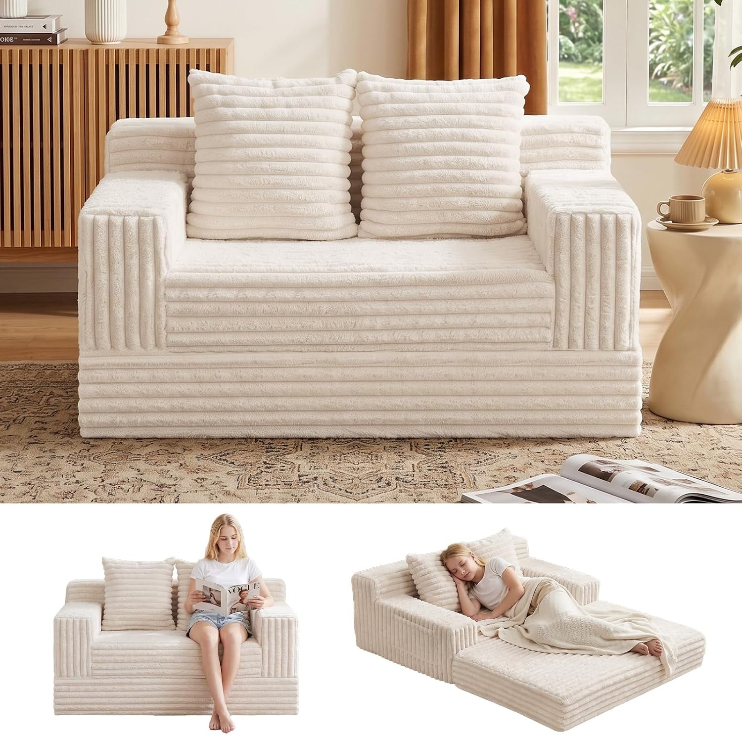 Cream-white corduroy three-seat folding sofa in a bright room, plus inset shots showing a person reading and the sofa folded