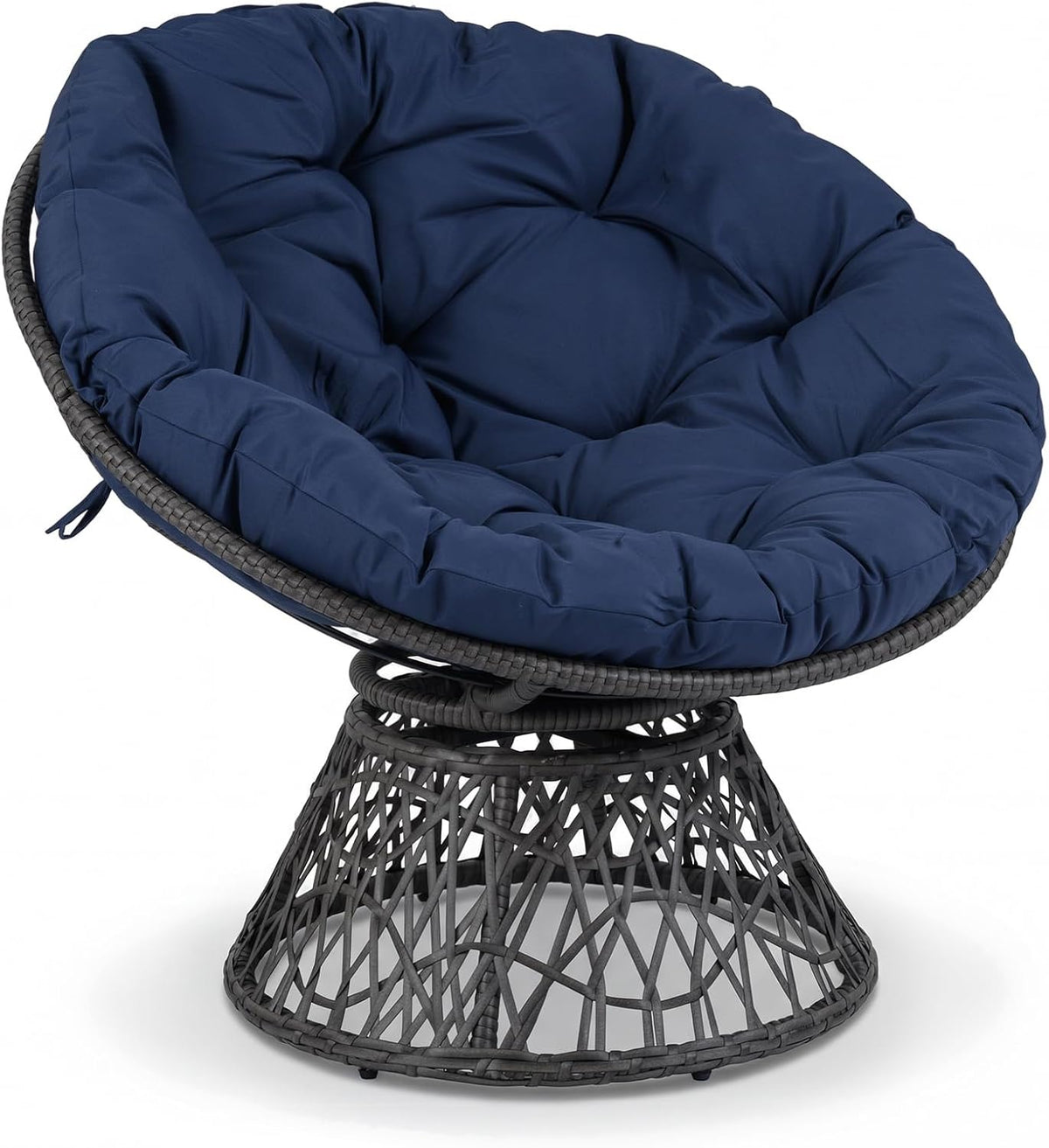 Angled top view of the papasan showing a deep navy cushion and the dark woven swivel base.