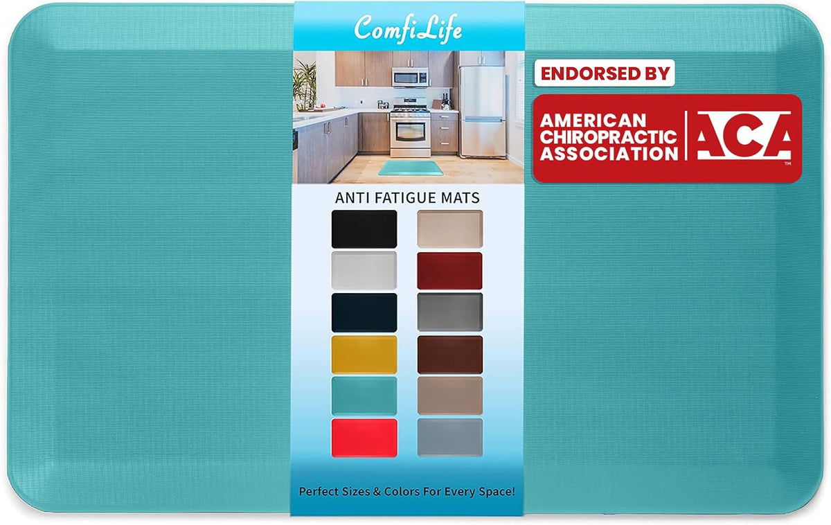 turquoise rectangular anti-fatigue mat shown flat with central label band and kitchen sample photo