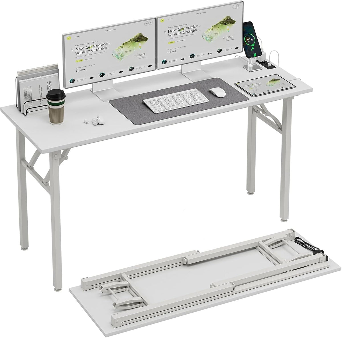 Side perspective of the white folding desk with devices on top and the underside frame and folded tabletop visible at the