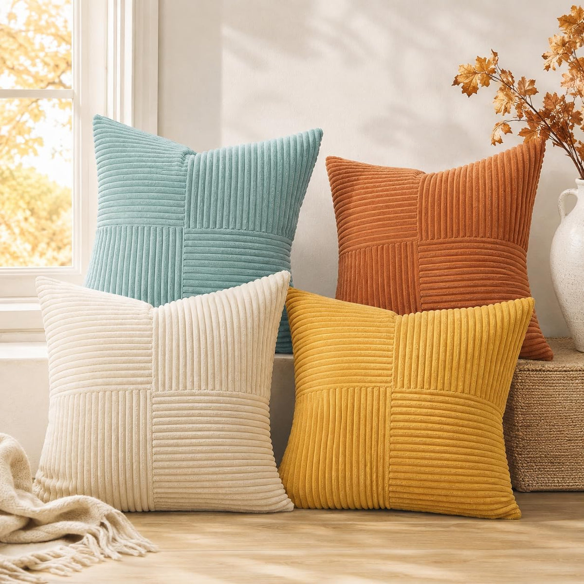 Four corduroy-style throw pillows in teal, rust orange, cream and mustard arranged by a sunny window.