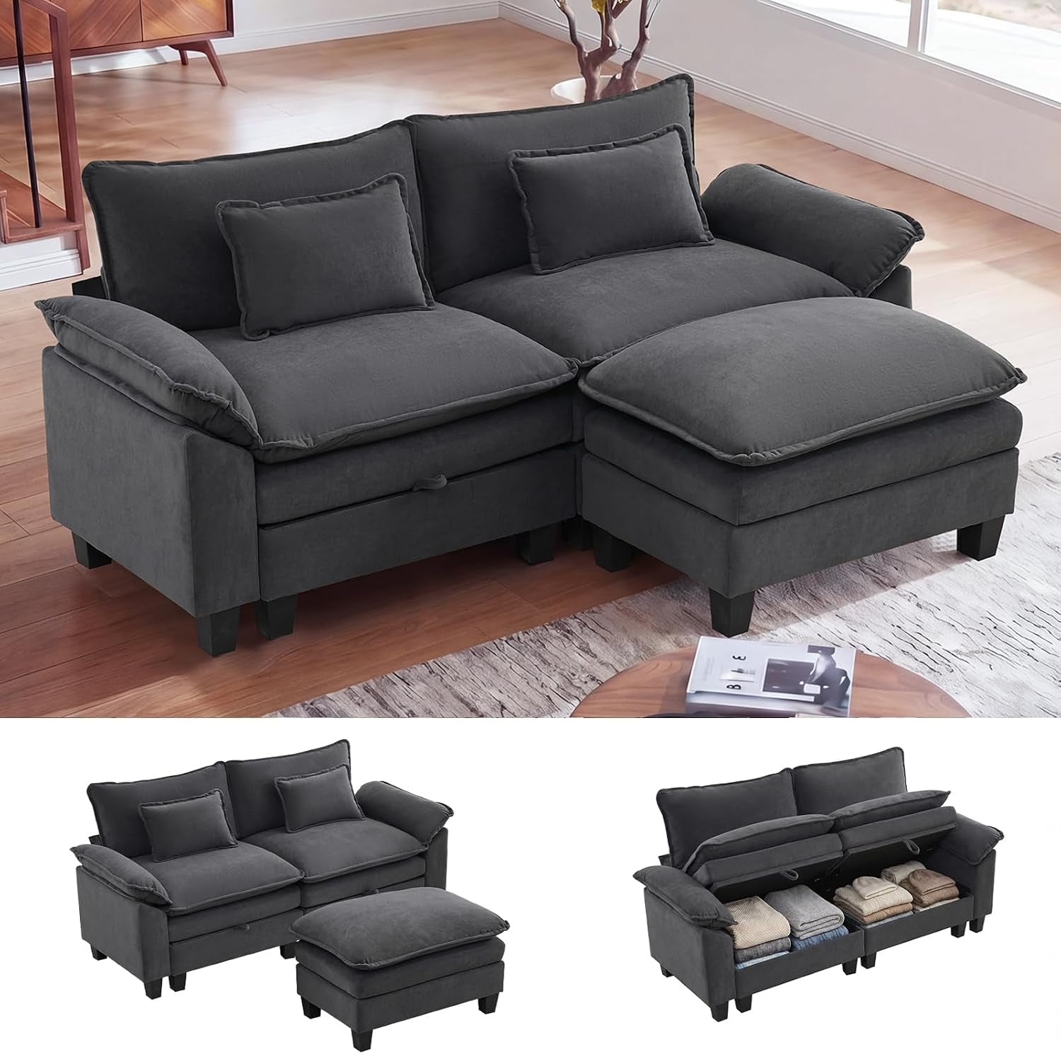 Dark charcoal modular loveseat and ottoman in a staged living room; inset images show chaise arrangement and under-seat