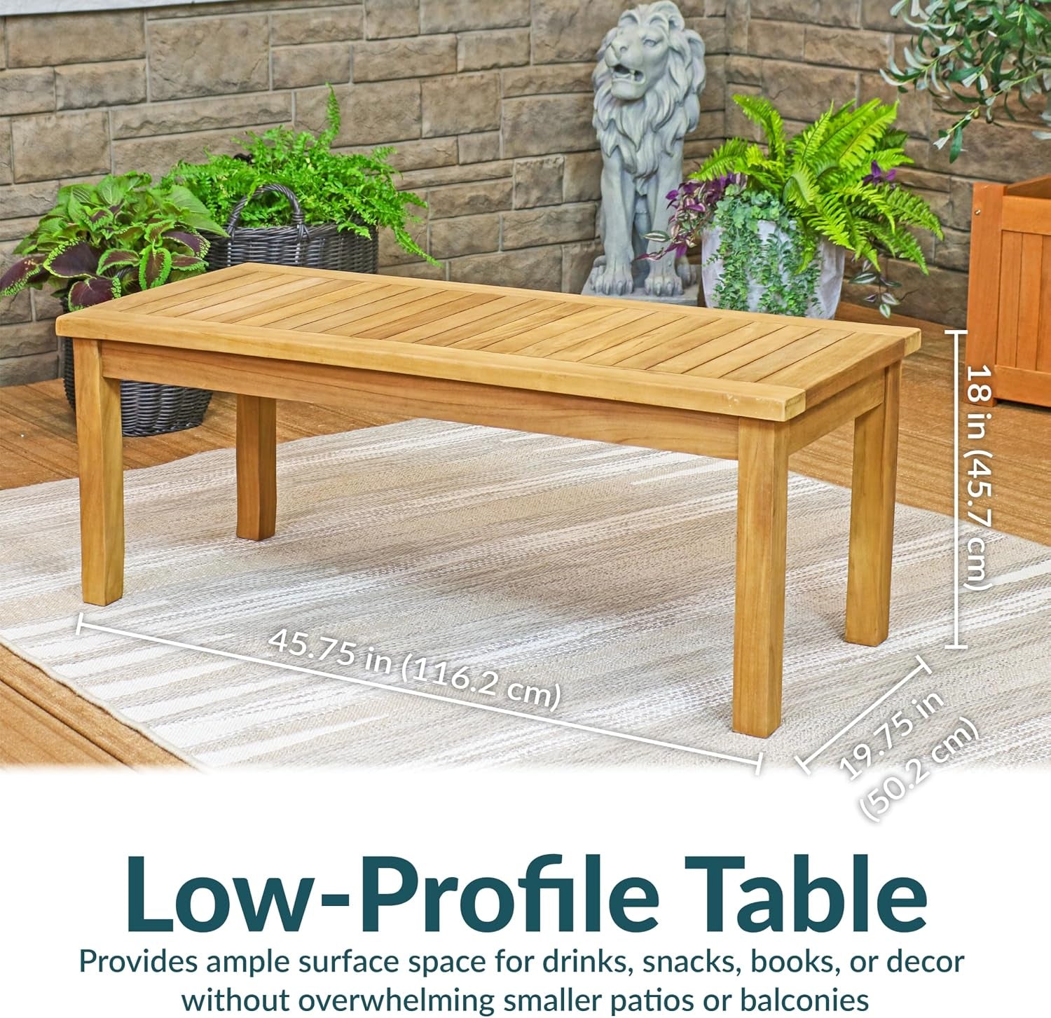 Three-quarter view of teak table on a striped rug with dimensional overlay showing 45.75 by 19.75 by 18 inches
