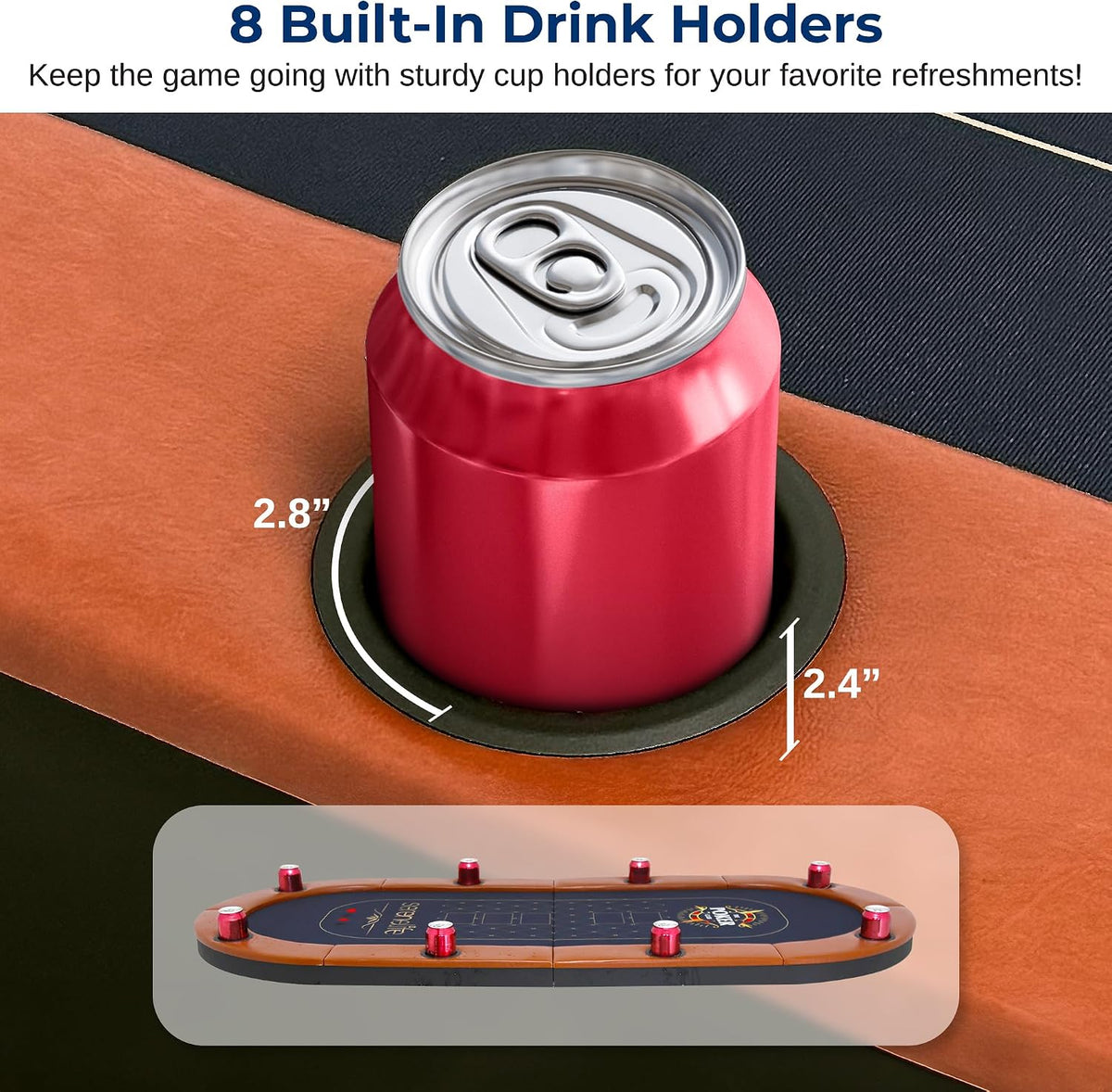 Closeup of brown cushioned rail with built-in cup holder holding a soda can for scale