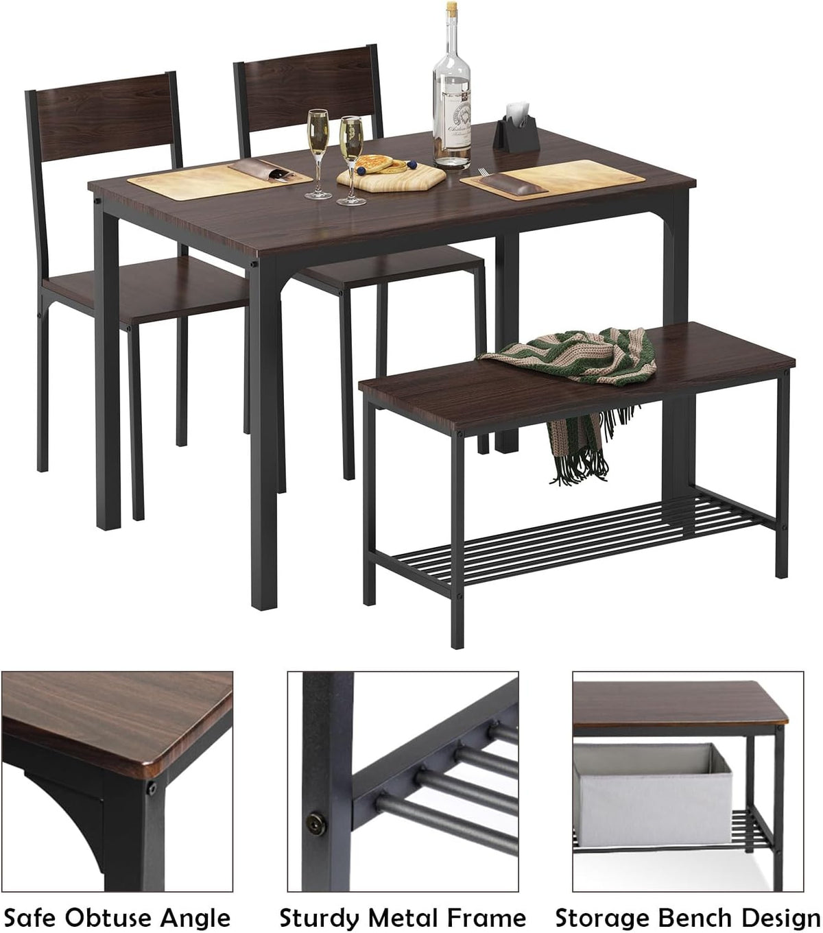 Four-piece dining set in dark finish with table, two chairs and storage bench, tabletop place settings visible