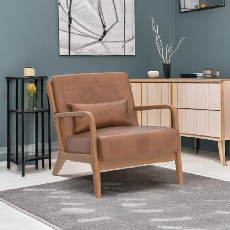 Camel PU leather chair placed in a styled room near console and rug, front-left angle