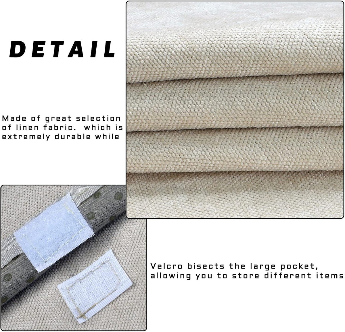 Detail of linen fabric texture and Velcro tab with close-up of pocket seam