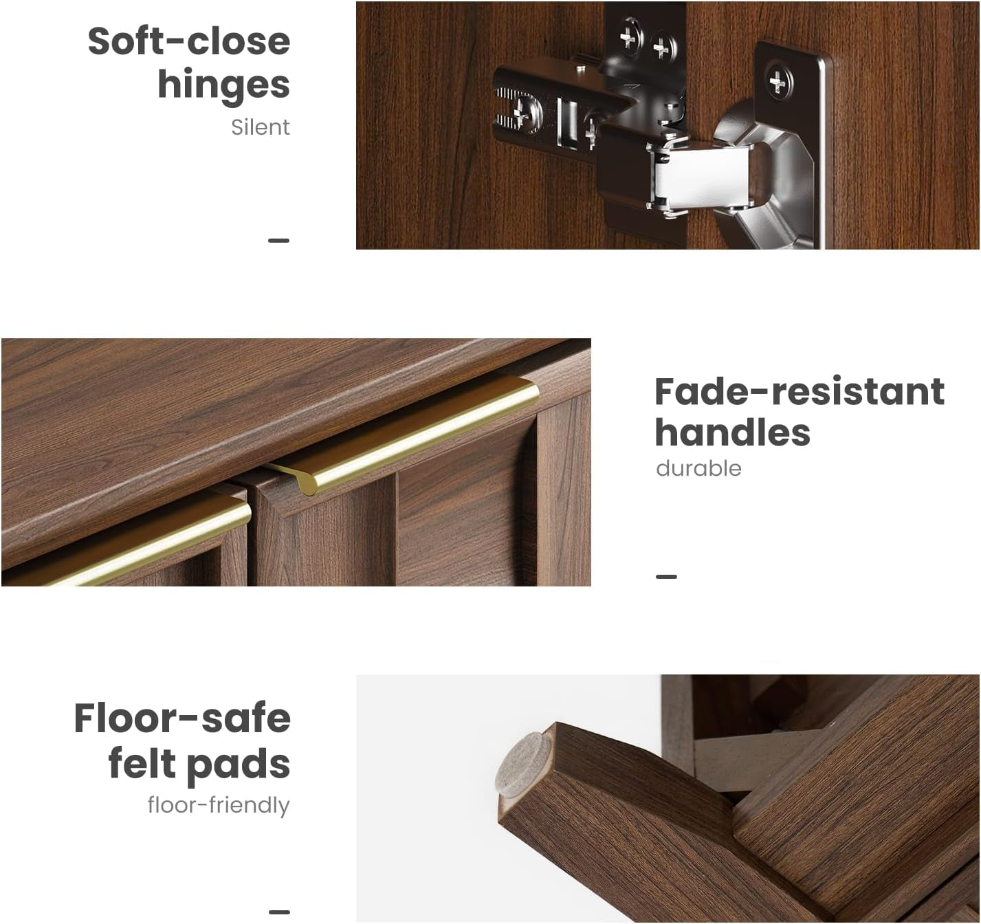 Detail collage showing soft-close hinge, anodized handle close-up, and felt pad on the walnut sideboard leg