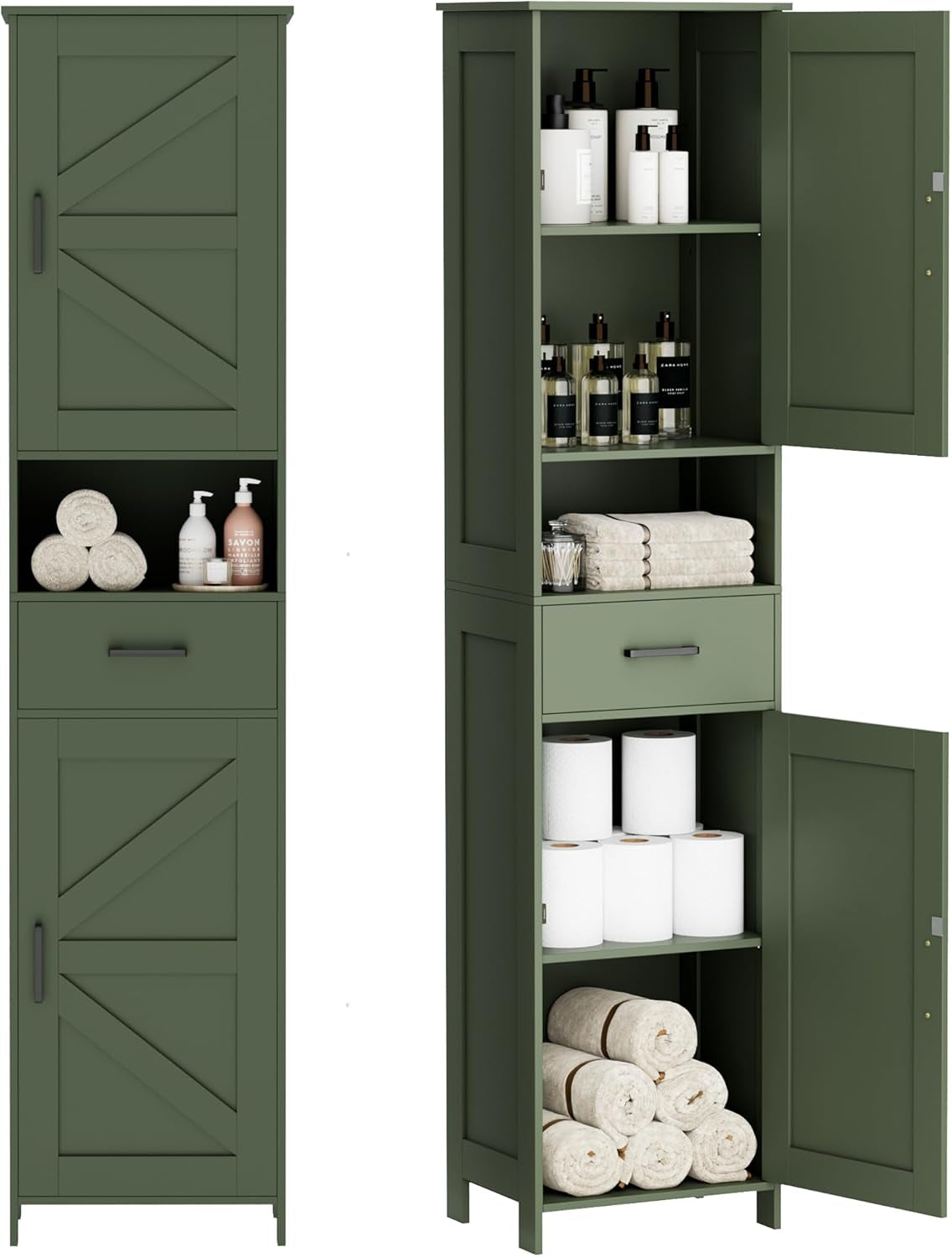 Tall narrow green storage cabinet shown closed at left and open at right with shelves, drawer and barn door
