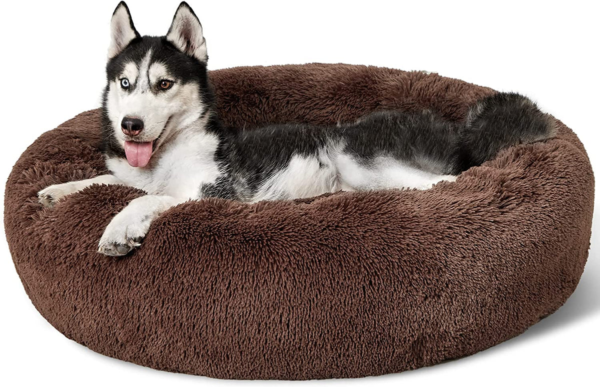 Front view of a deep brown faux-fur donut bed with a relaxed husky lying inside, tongue visible.