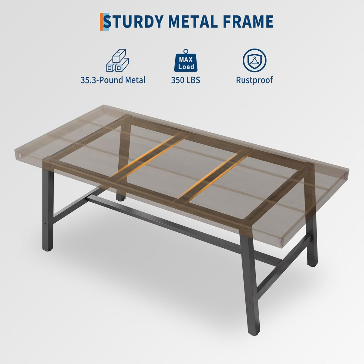Rendered diagram of the table's metal frame under a translucent wood top with weight and rustproof icons above.