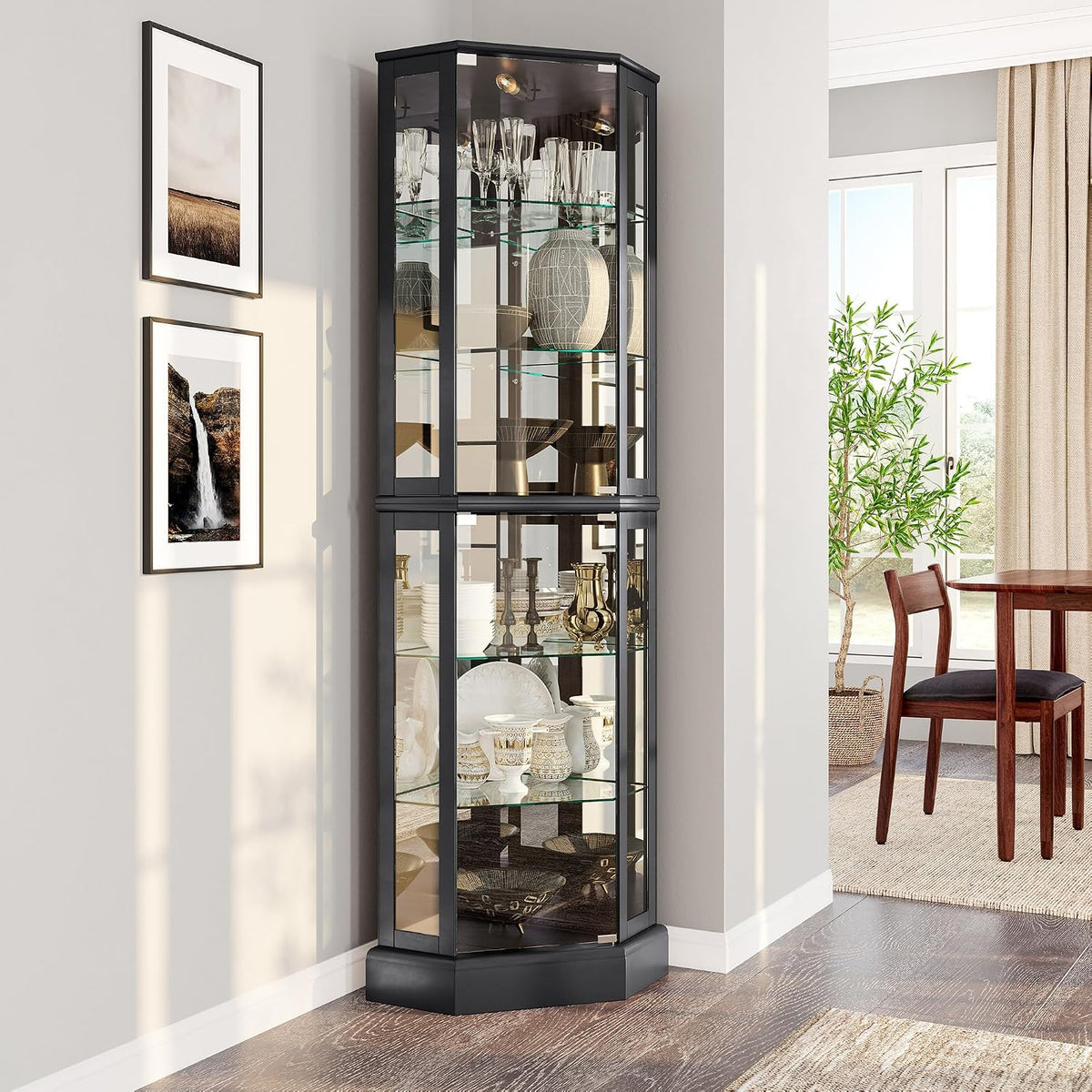 Black corner curio cabinet with glass shelves and mirrored back near a dining nook.