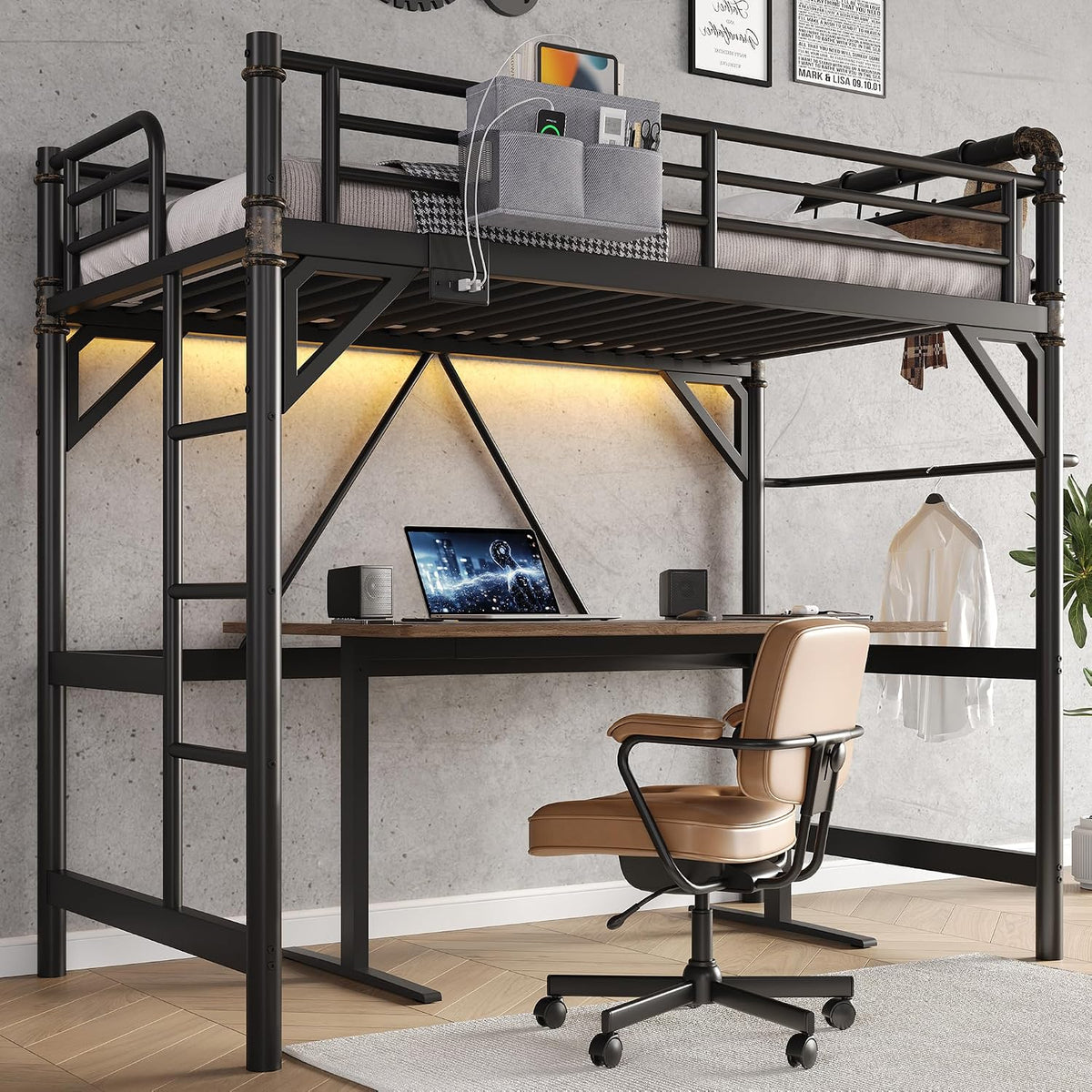 Loft bed with metal frame over a desk, ladder at left, LED lights under bed and office chair below