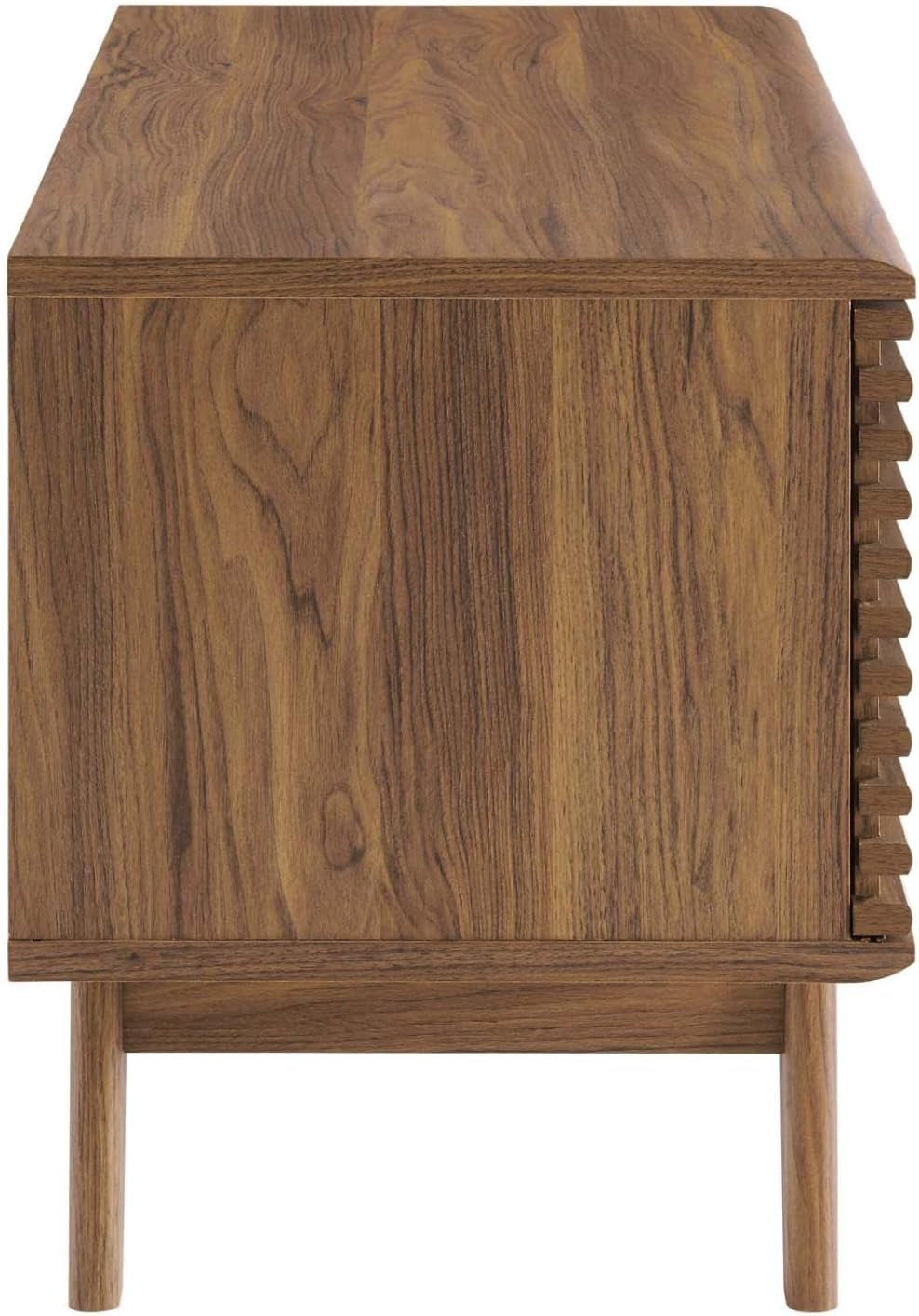 Side elevation of the walnut cabinet showing wood grain on the side panel and round rear legs.