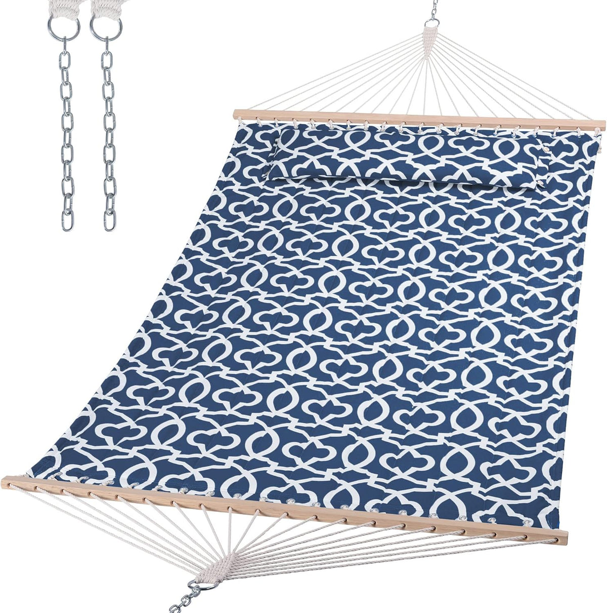 Navy patterned hammock on white background with metal hanging chains visible