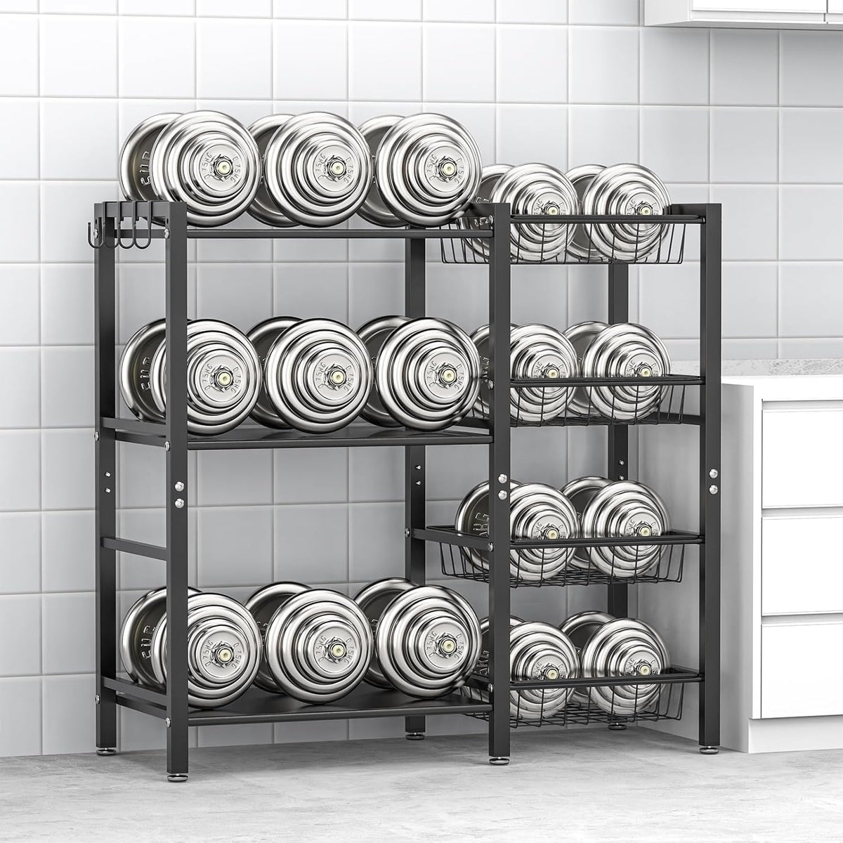 Baker's rack loaded with silver dumbbells on flat shelves and wire baskets visible at the side.