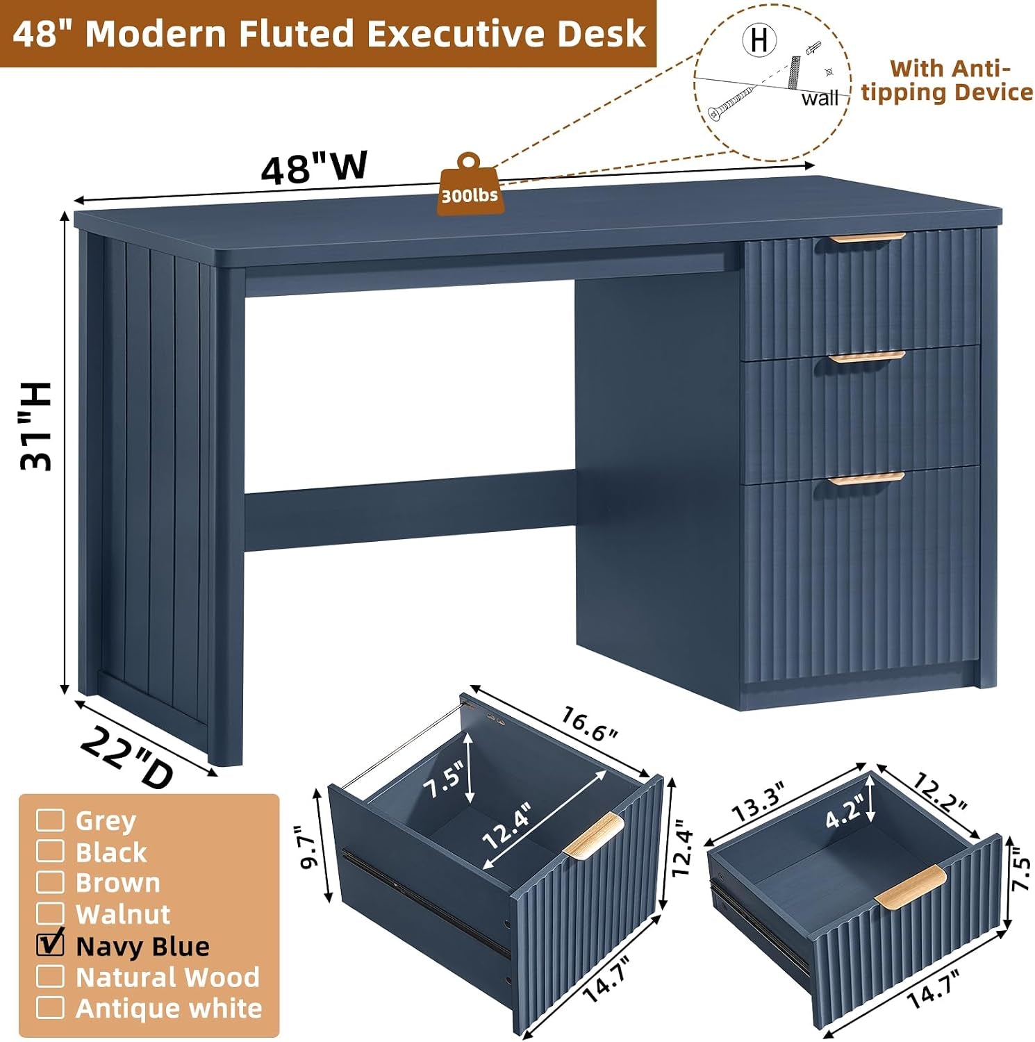 Dimensional diagram of navy desk showing 48" W x 22" D x 31" H and drawer measurements