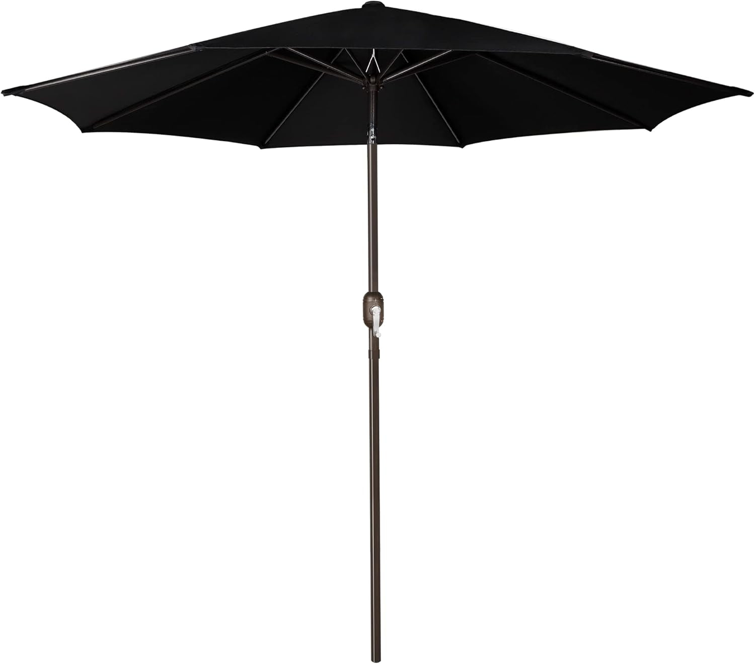 Black patio umbrella open viewed from front with visible ribs and brown pole